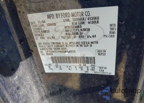 2005 Ford F-250 Lariat/Xl/Xlt из США, поврежденный, VIN 1FTSW21P65EB56035